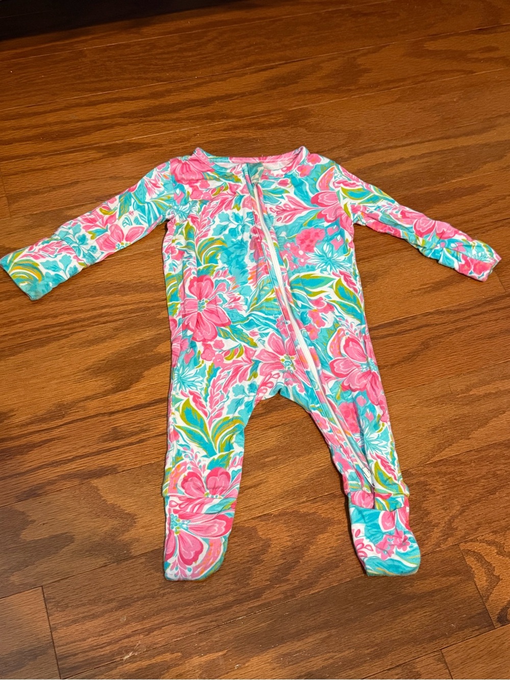 BAMBOO Pink & Turquoise Floral Baby Footed One-Piece